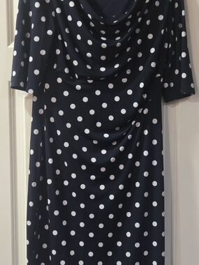 Connected Apparel Navy Blue and White Polka Dot Midi Dress